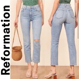 Reformation Liza Blue Jeans Straight Leg High Rise Cropped Distressed Organic 26
